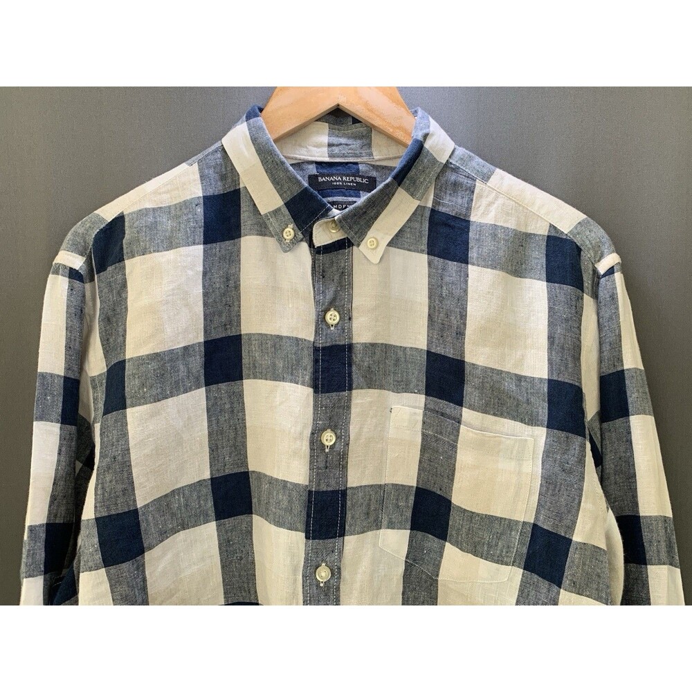 Banana Republic Camden Fit Linen Button Down Shirt Large Blue Plaid Long Sleeve